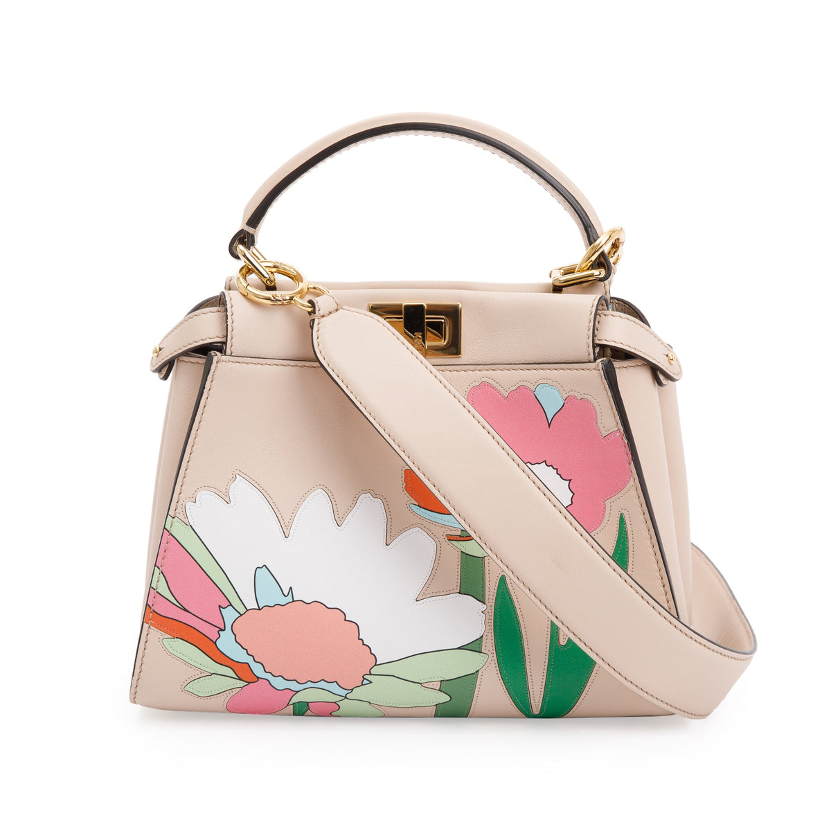 Fendi Neutral Calfskin Leather Floral Inlay Mini Peekaboo Bag w