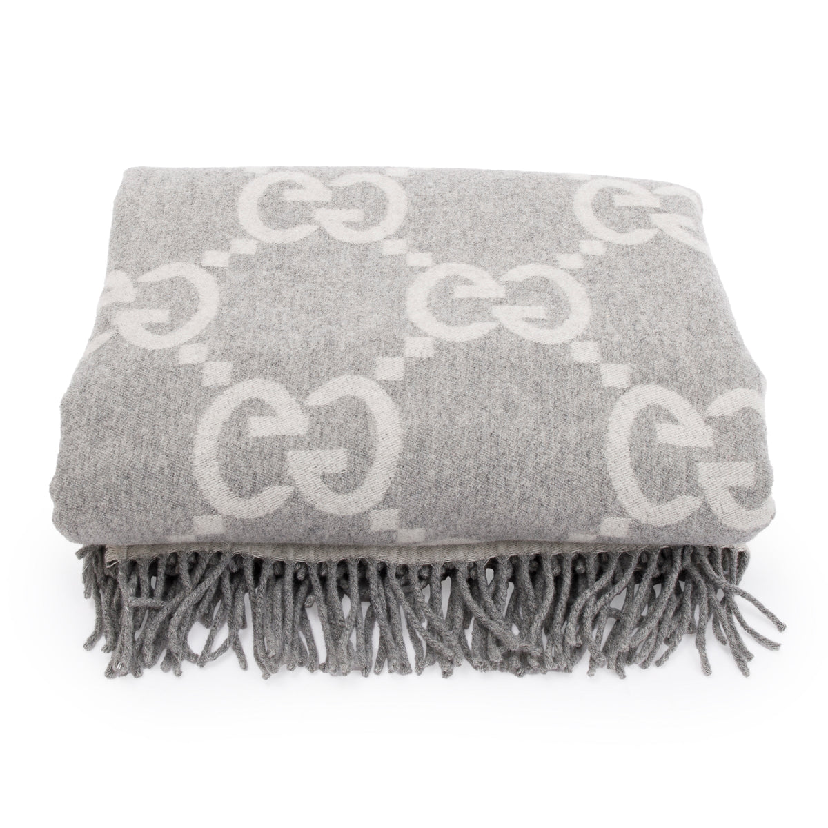 Gucci Grey Wool & Cashmere GG Pattern Throw Blanket w/ Box