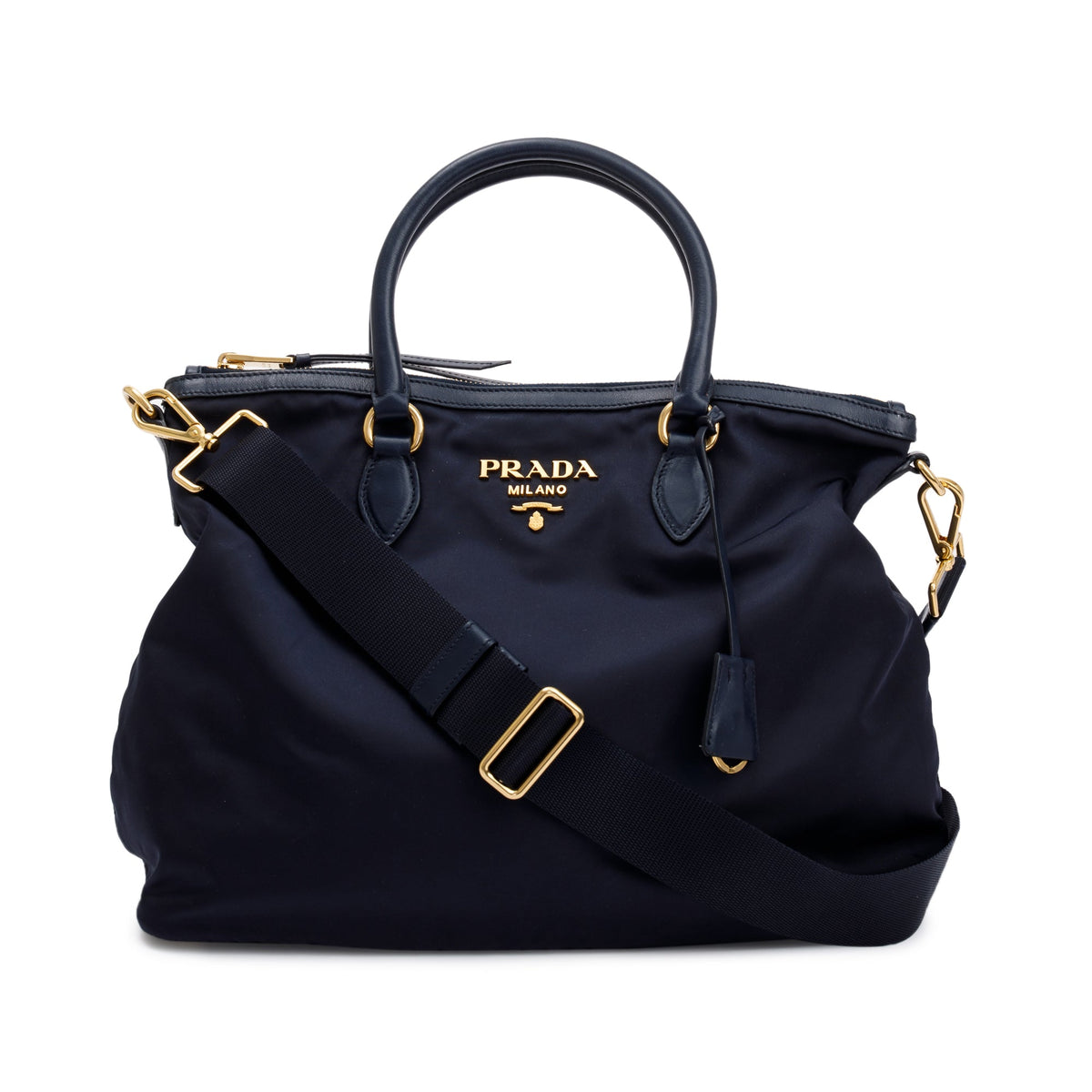 Prada Navy Leather Trimmed Tessuto Nylon Tote w/ Strap