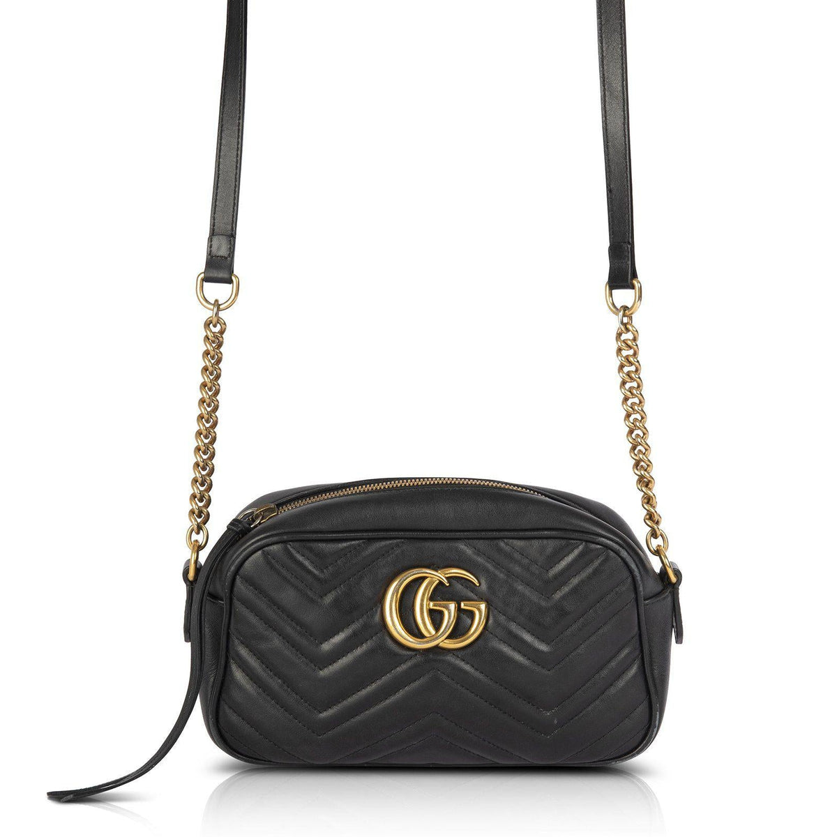 Gucci GG Marmont Double Zip Camera Bag Diagonal Quilted Leather Mini Black