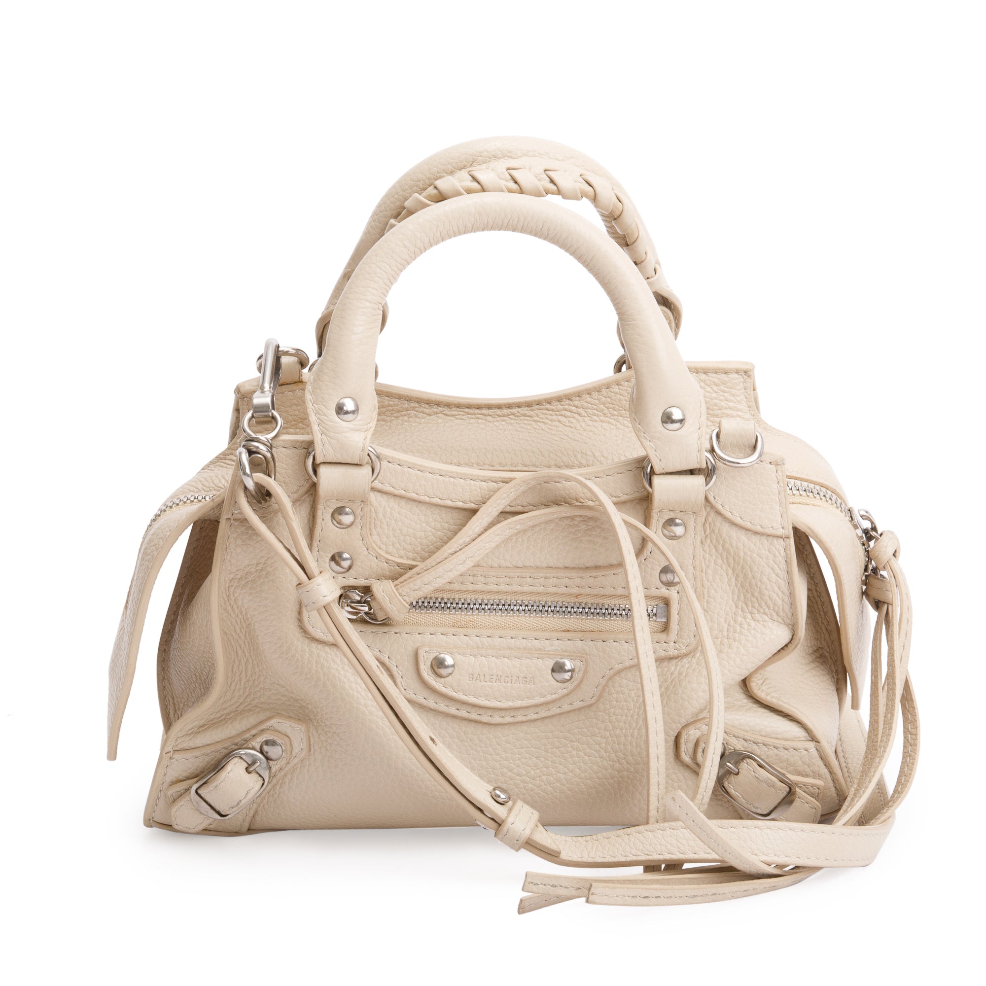 Balenciaga Beige Calfskin Leather Mini Neo Classic Top Handle Bag w Strap