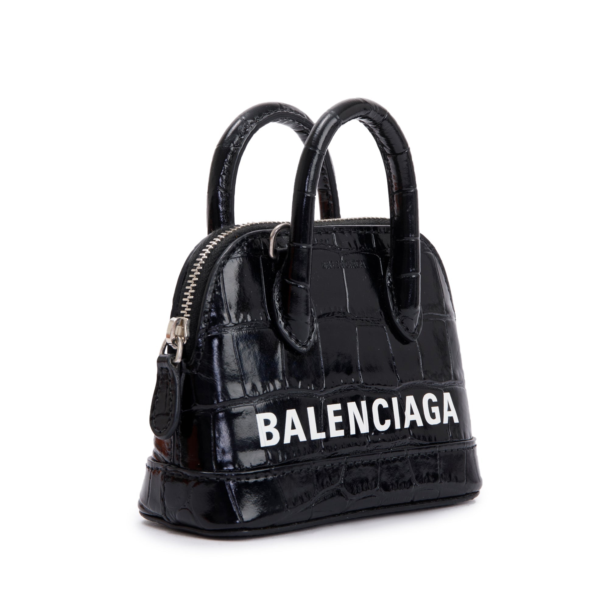 Balenciaga Black Crocodile Embossed Ville Mini Top Handle Bag w/ Strap