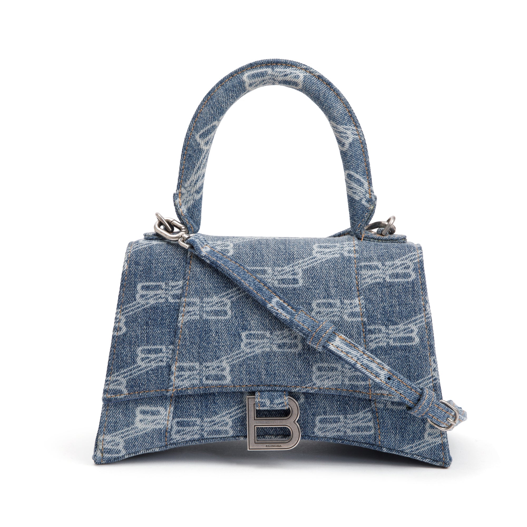 Balenciaga Blue BB Monogram Denim Small Hourglass Top Handle Bag w St Oliver Jewellery