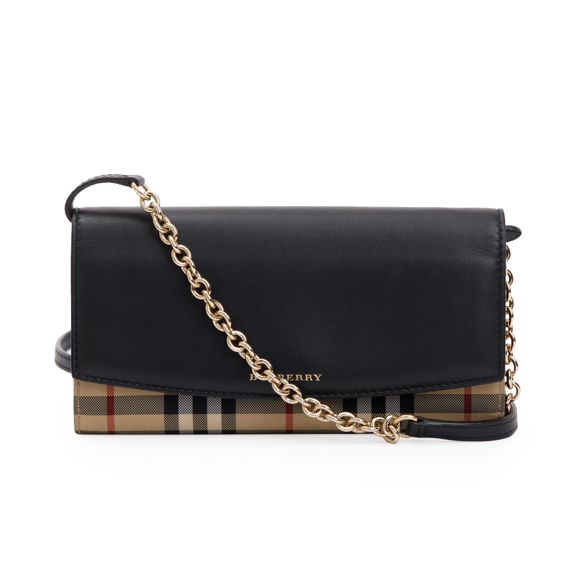 Burberry House Check Black Calfskin Leather Henley Wallet on Chain