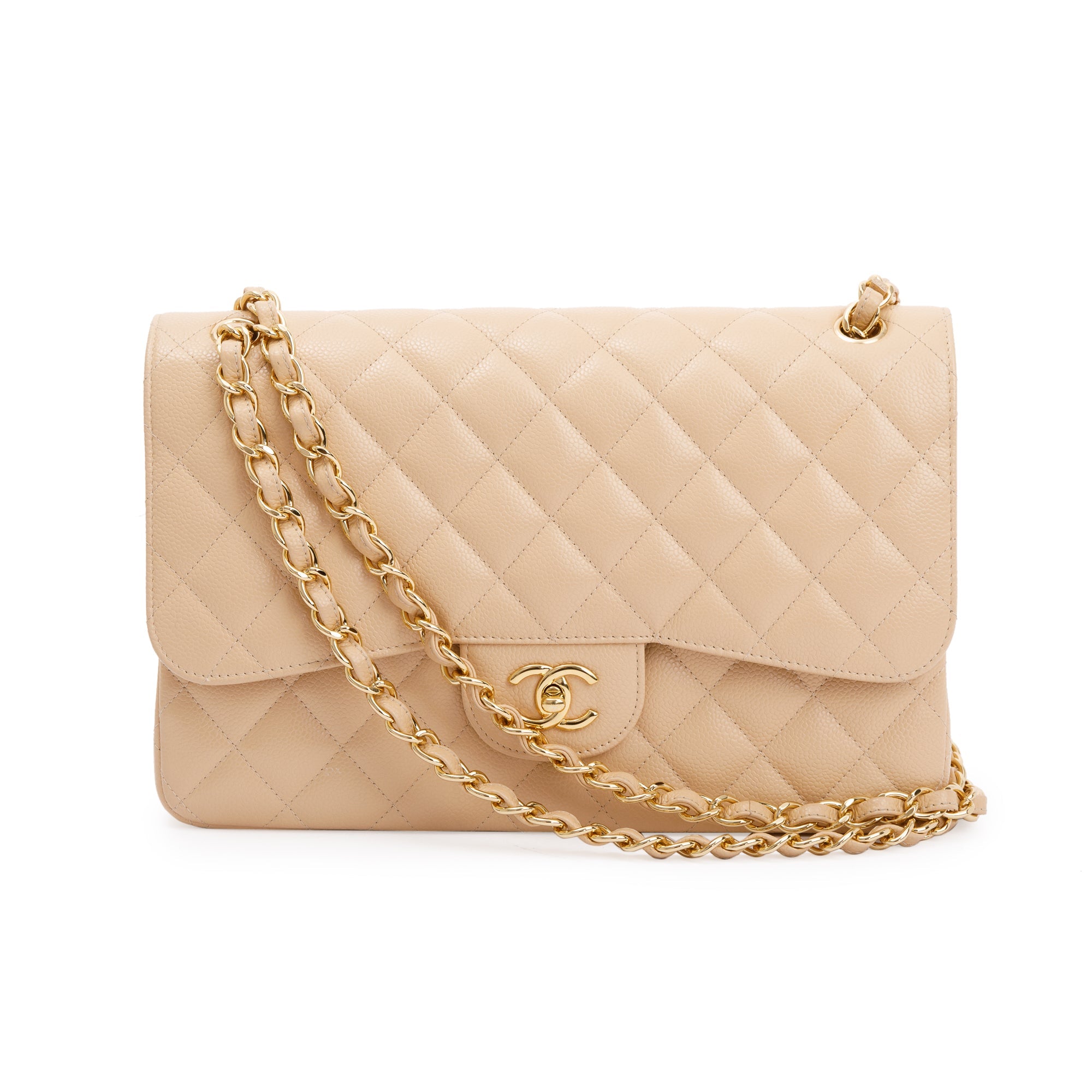 Guarantee authentic Chanel Classic Small Quilted Caviar Double Flap Gold  Hardware Chain Shoulder Bag/Beige