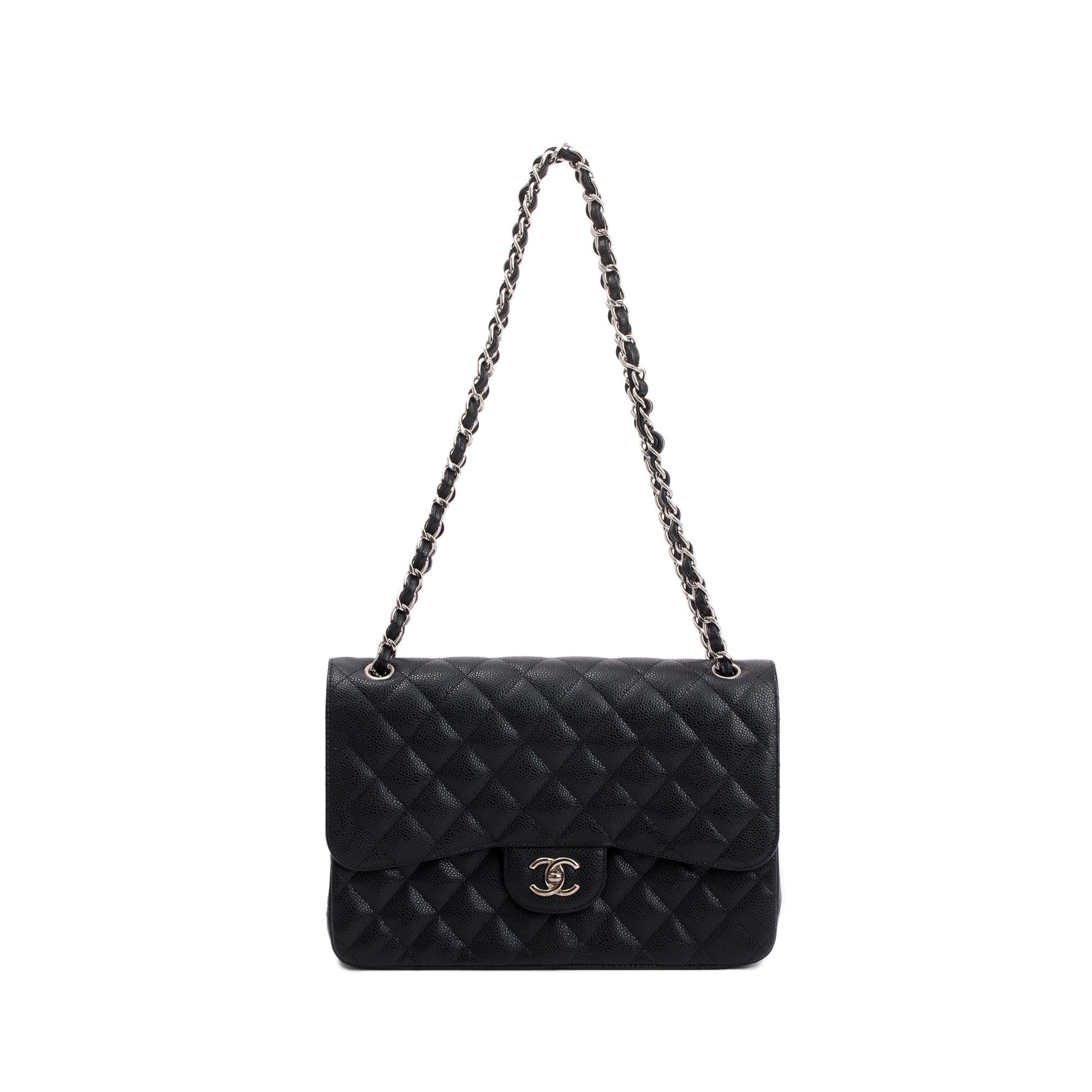 Chanel Black Caviar Leather Classic Jumbo Double Flap Bag w/ Box & Aut ...