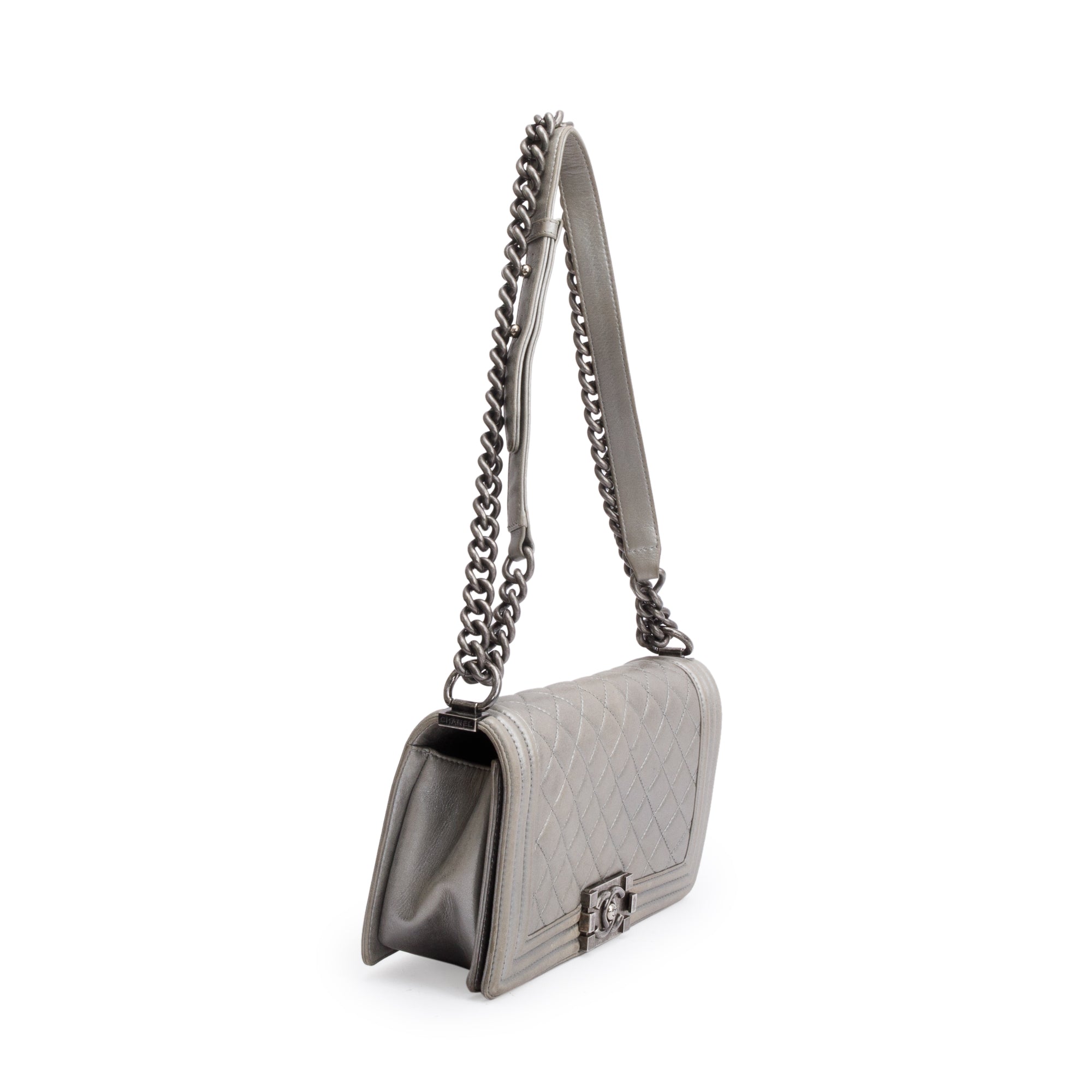 Chanel Grey Metallic Lambskin Leather Medium Boy Bag Oliver Jewellery