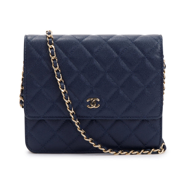 Chanel Navy Caviar Quilted Square Wallet on Chain w Box