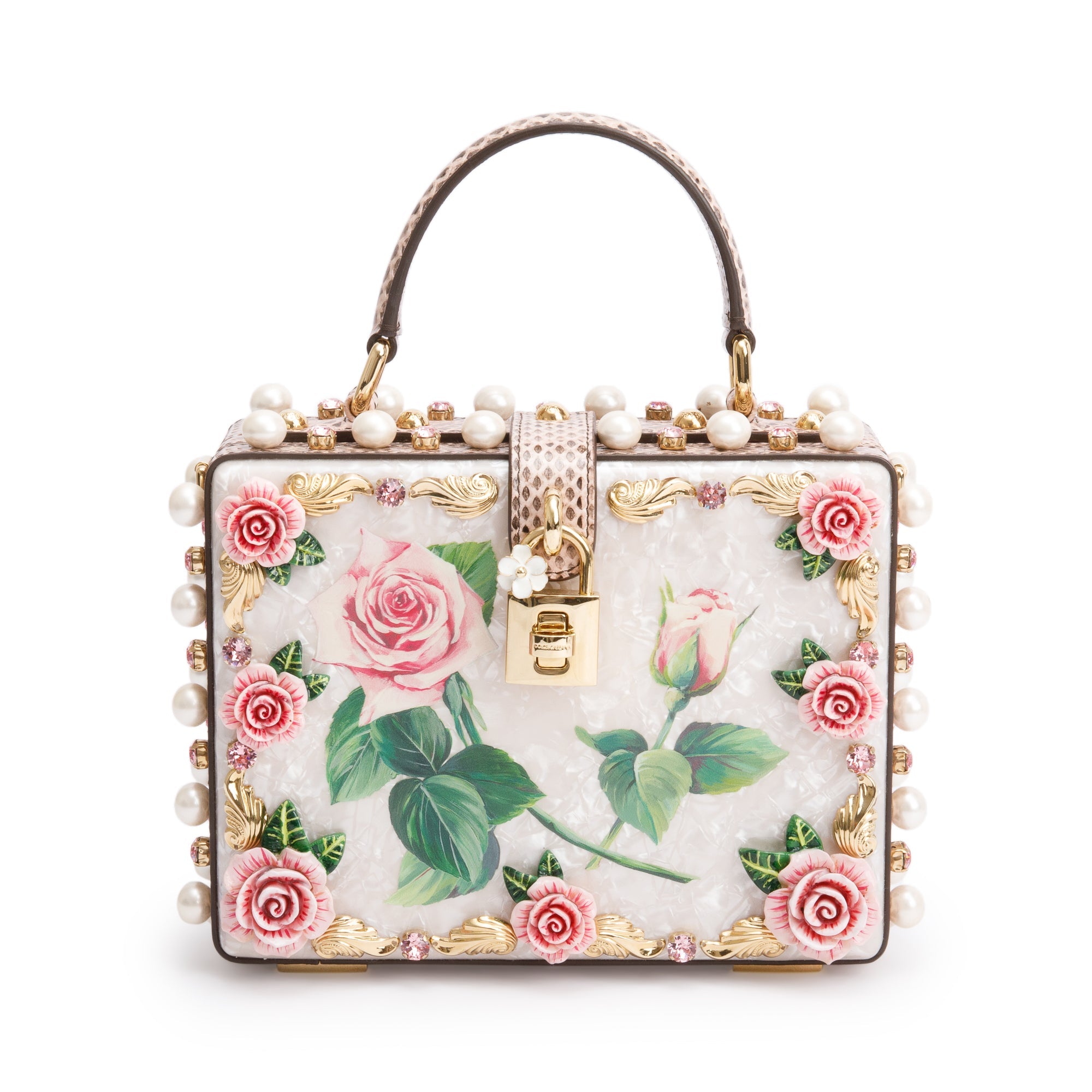 Dolce & Gabbana White Multicolor Mother of Pearl, Crystal & Floral Appique Python Trim Box Bag w/ Strap, Authenticity Card & Box