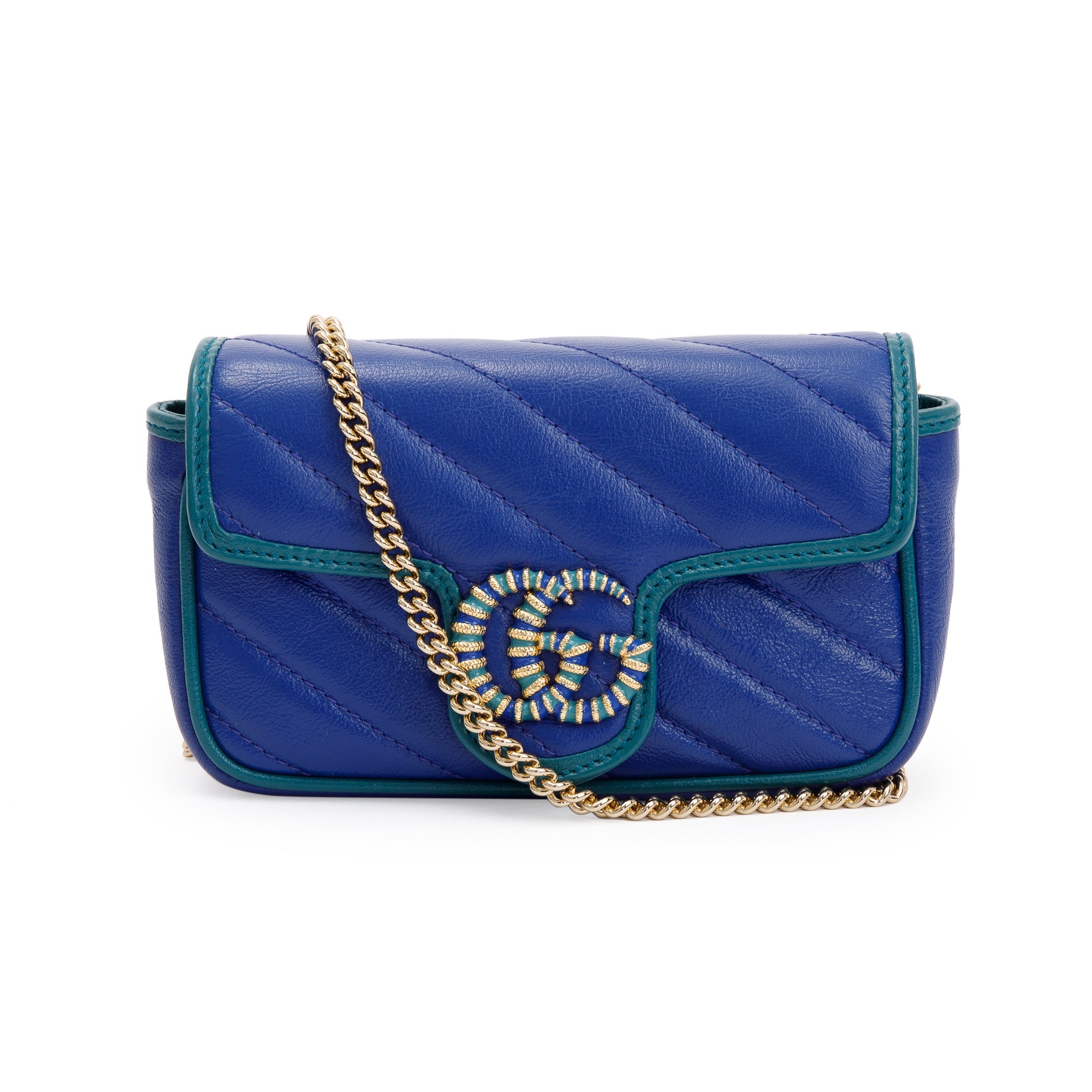 Gucci Blue & Green Calfskin Leather GG Marmont Torchon Super Mini Bag