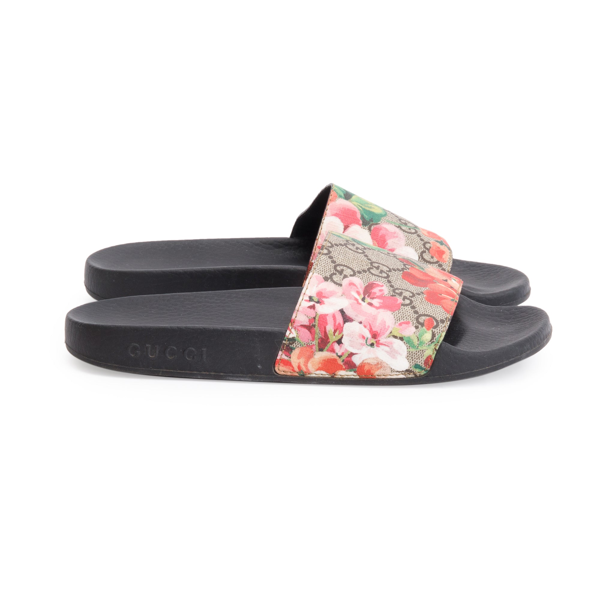 Gucci GG Supreme Blooms Canvas Black Rubber Slide Sandals Size 37 w Oliver Jewellery