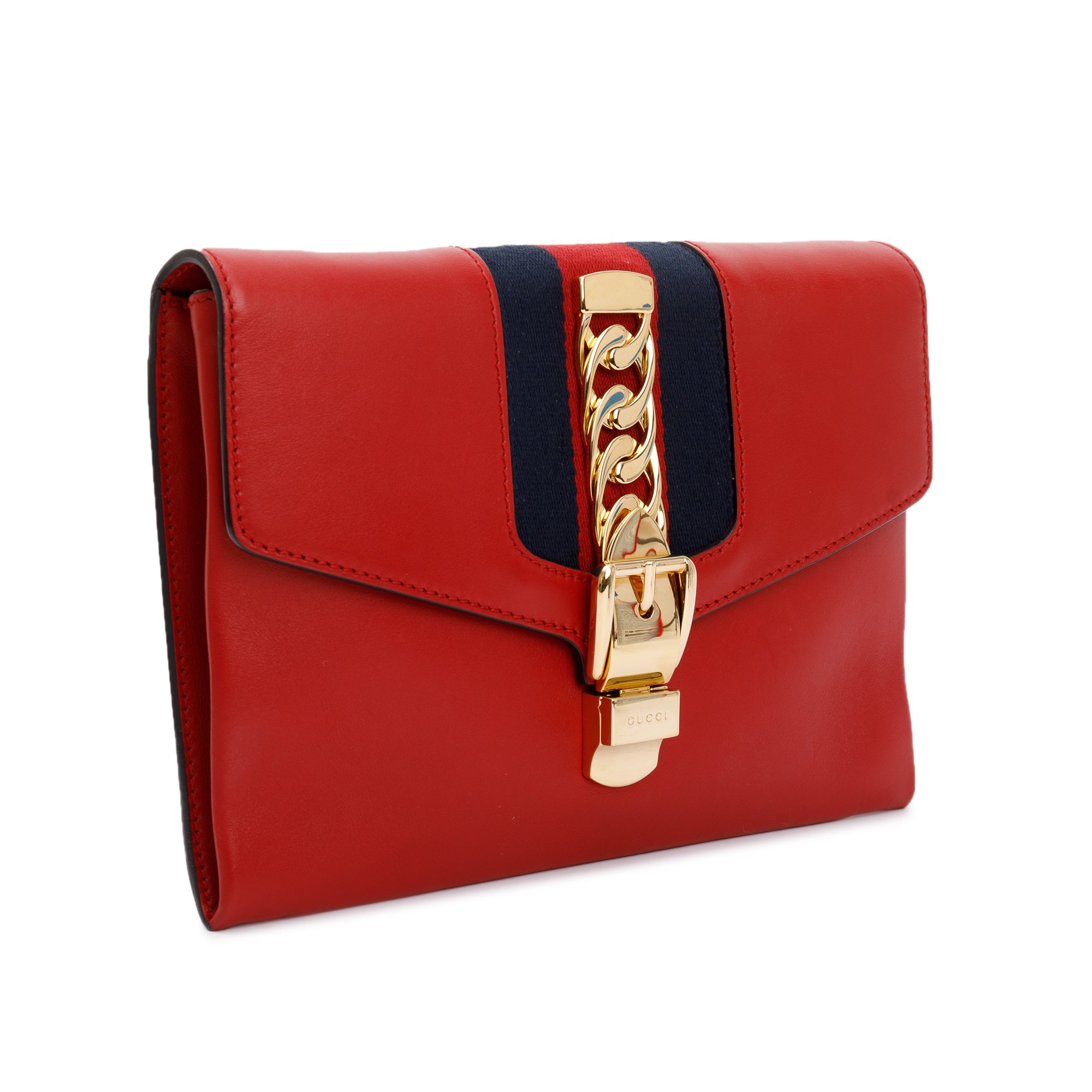 Gucci Red Calfskin Leather Web Sylvie Clutch