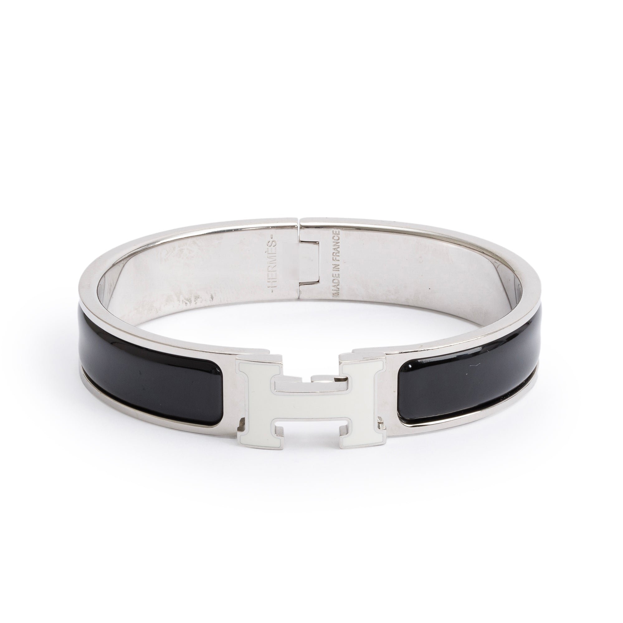 Hermes Palladium Plated Black & White Enamel 12 MM Clic H Bracelet w ...