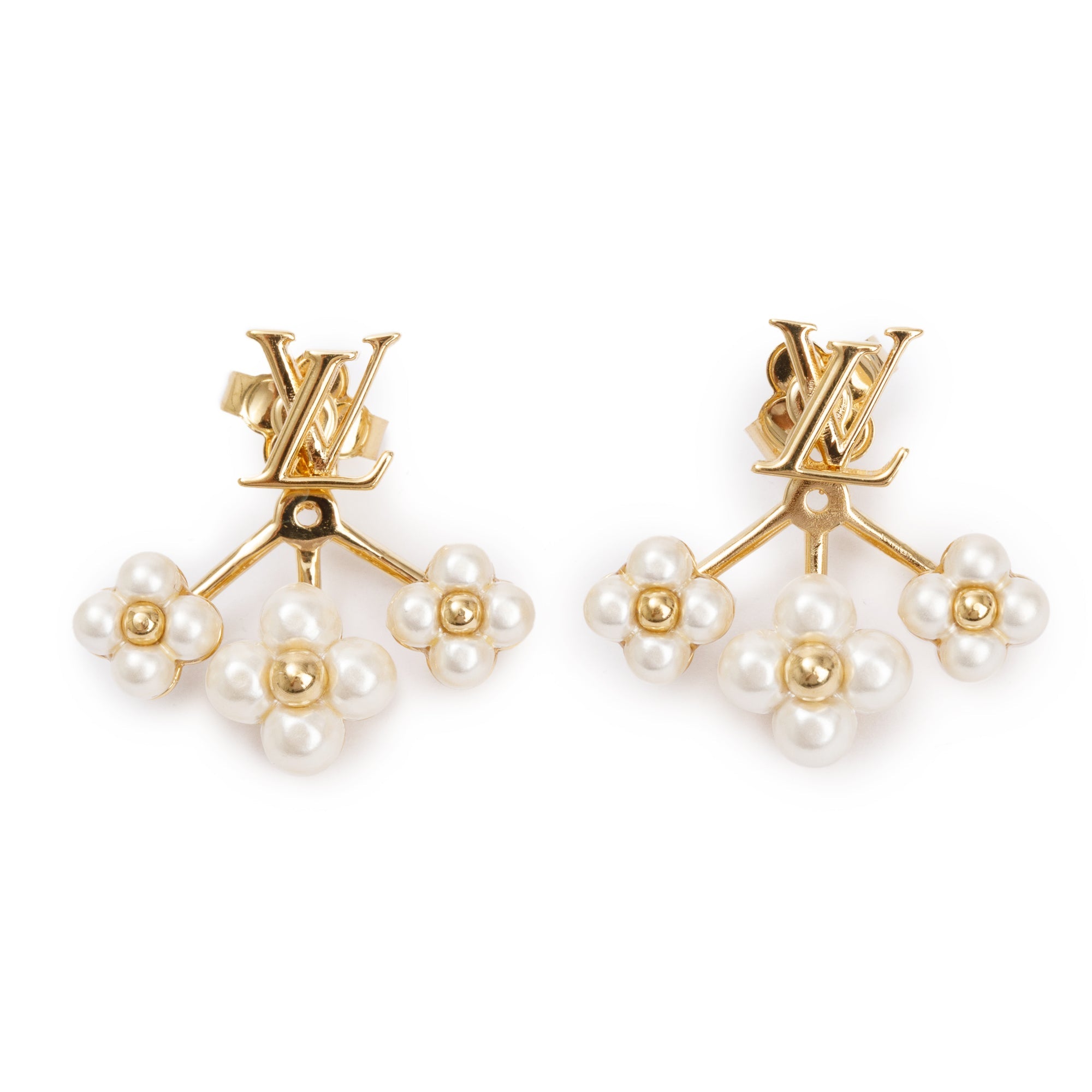 Louis Vuitton 2023 Gold-Plated White Bead LV Floragram Earrings w/ Box ...