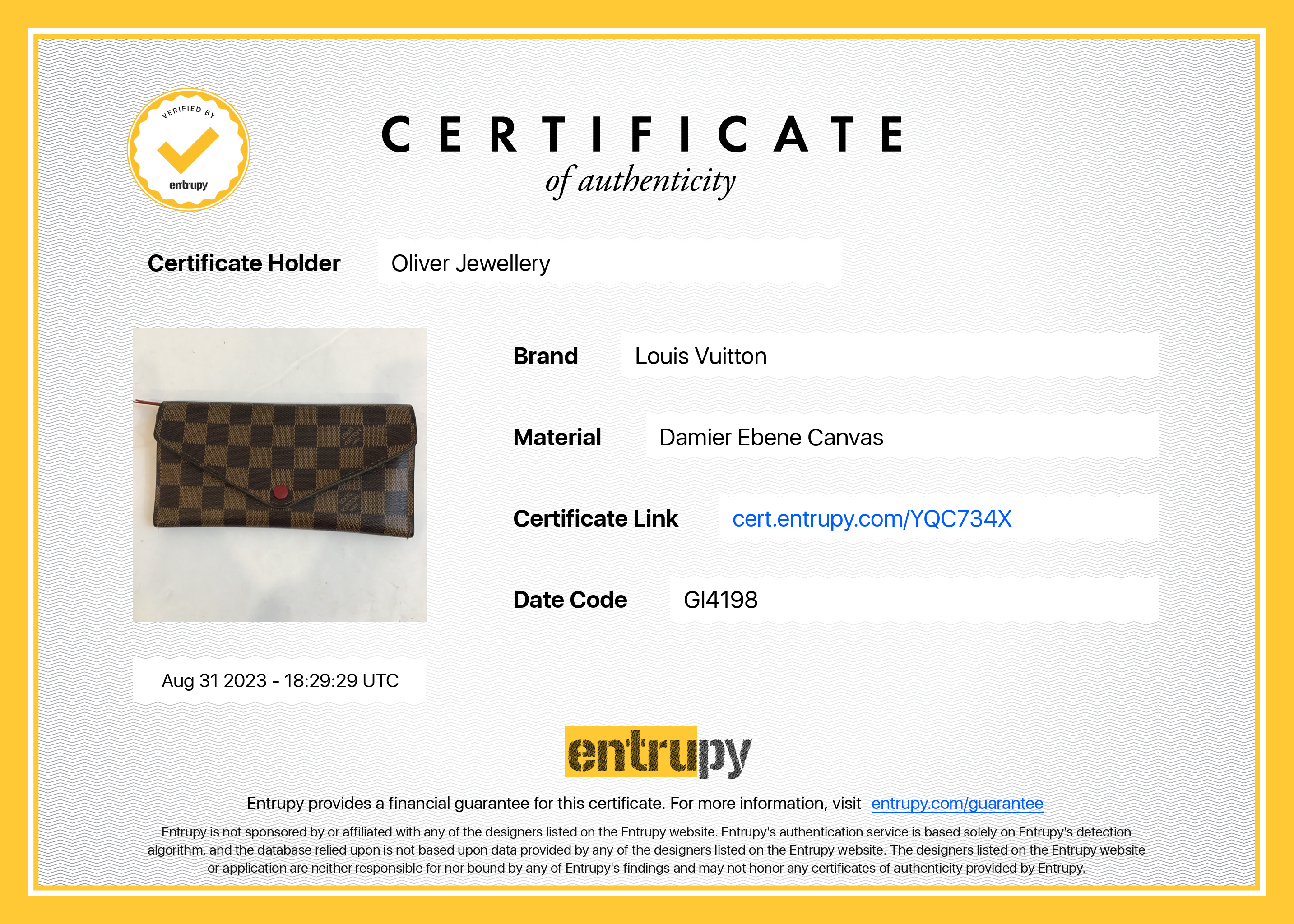 Louis Vuitton Damier Ebene Josephine Wallet w/ Box & Receipt