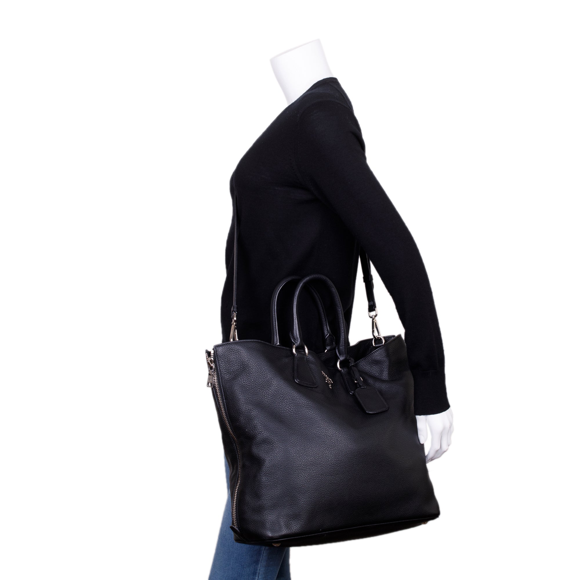 PRADA Vitello Daino Leather Shopping Tote Bag Black-US