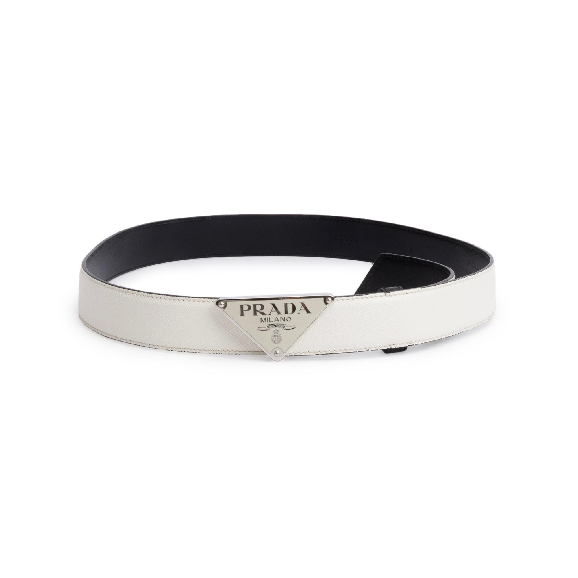 Prada White Saffiano Cuir Enamel Triangle Logo Buckle Belt 85 34 w R Oliver Jewellery