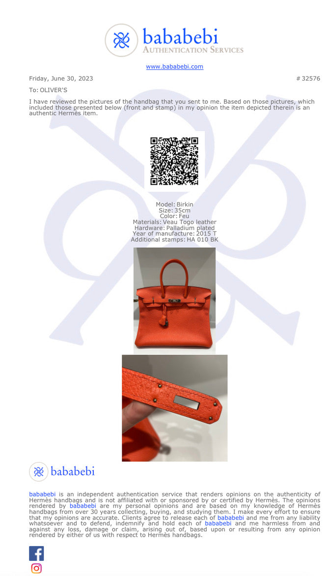 HERMÈS, Orange feu togo leather 'Birkin 35', 2015. - Bukowskis