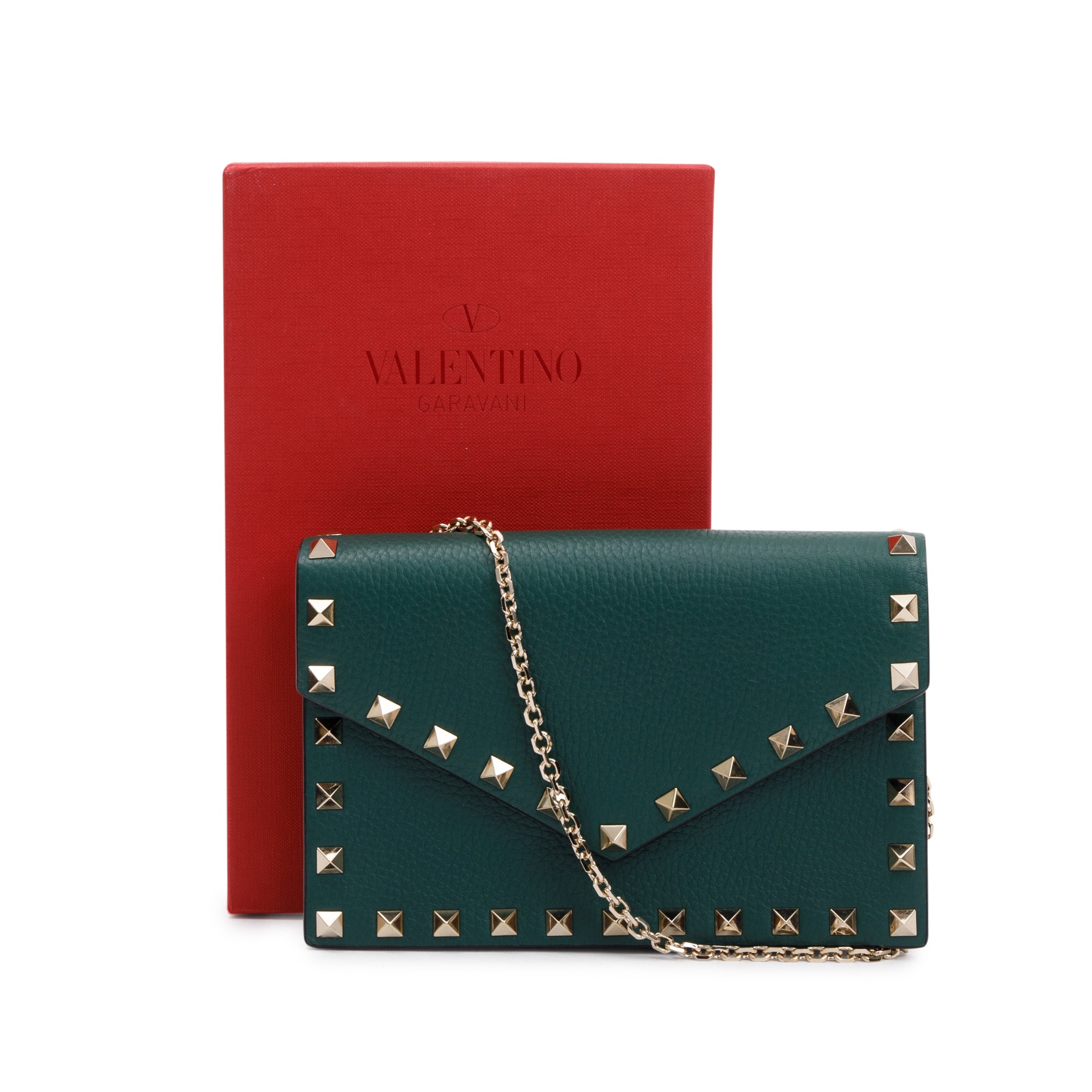 Valentino Green Pebbled Calfskin Rockstud Envelope Wallet on Chain