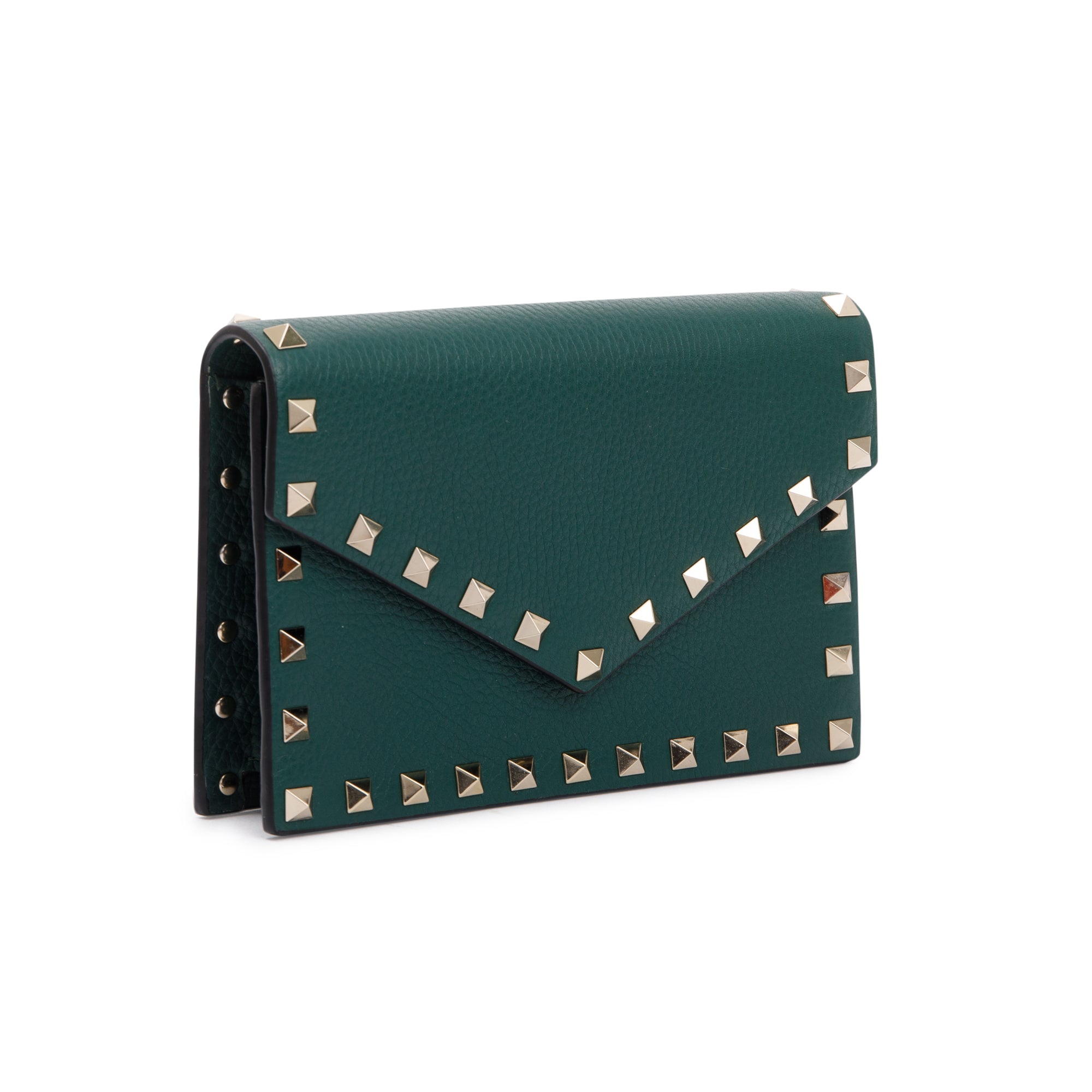 Valentino Green Pebbled Calfskin Rockstud Envelope Wallet on Chain