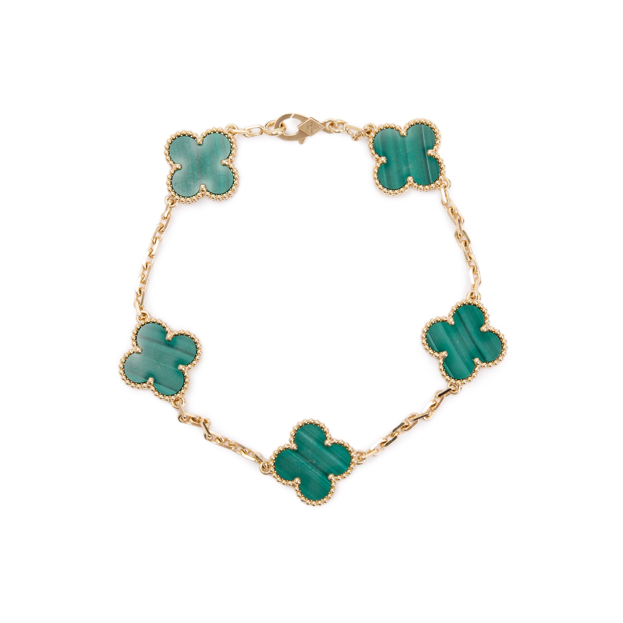 18kt Gold 5 Clover Leaf Bracelet In Gold,MOP,Onyx,Malachite Variations