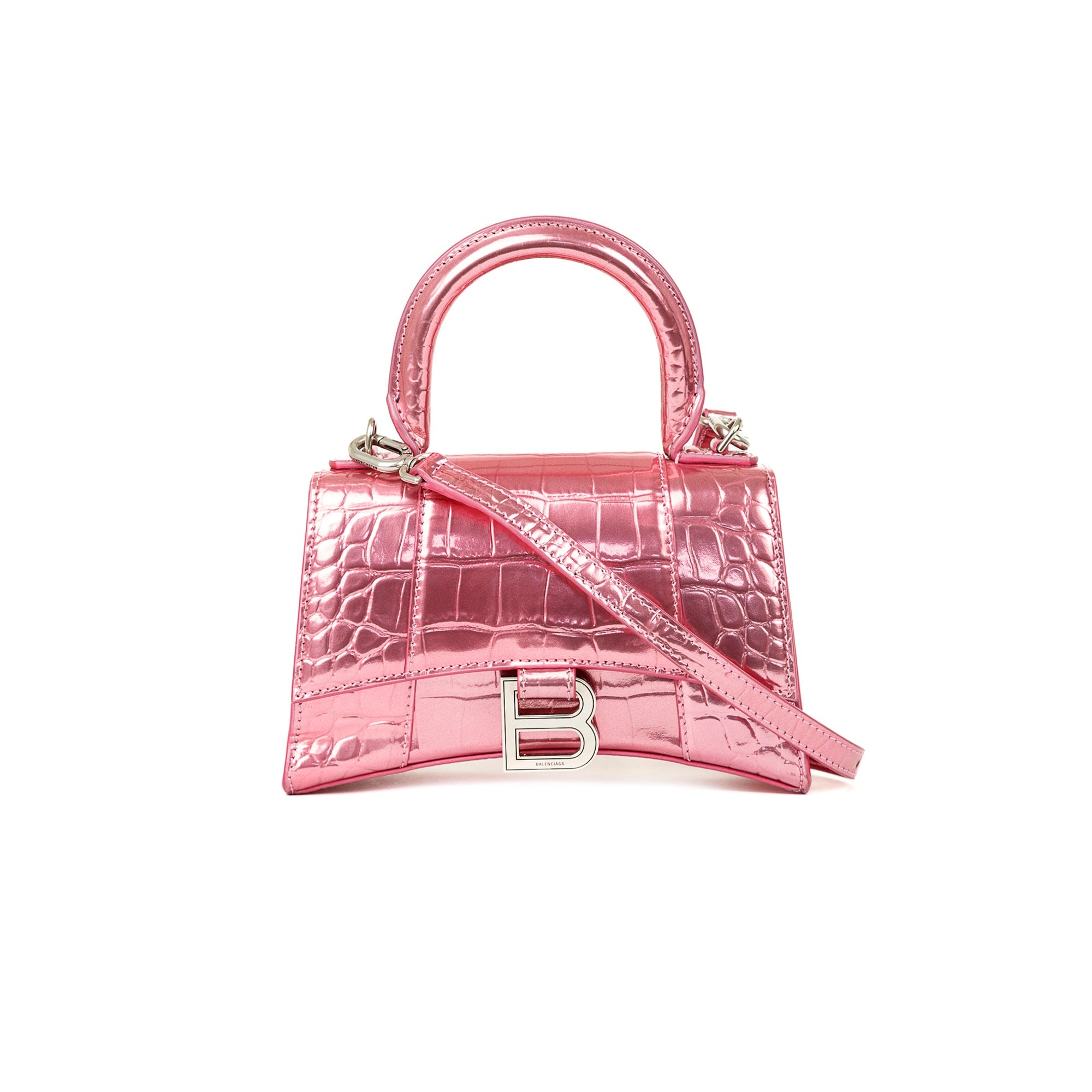 Balenciaga Pink Metallic Croc-Embossed Hourglass XS Top Handle Bag w/ Strap