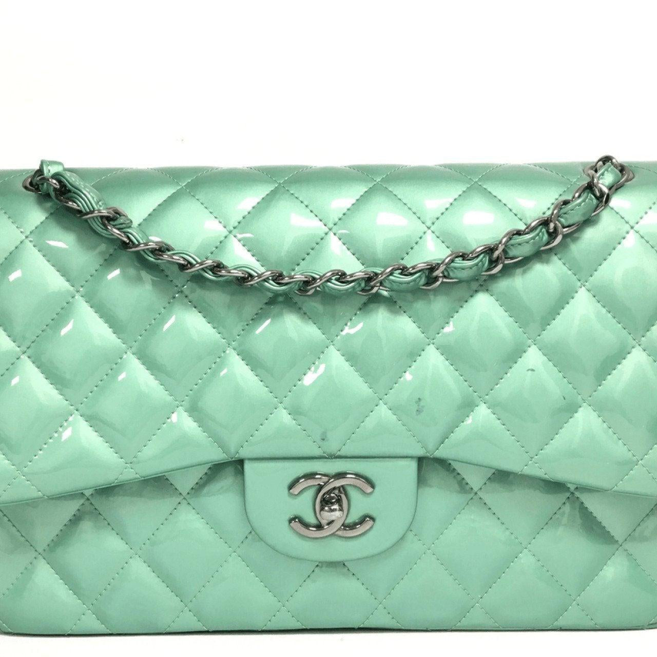 Chanel Light Green Quilted Patent Leather Classic Jumbo Double Flap Bag