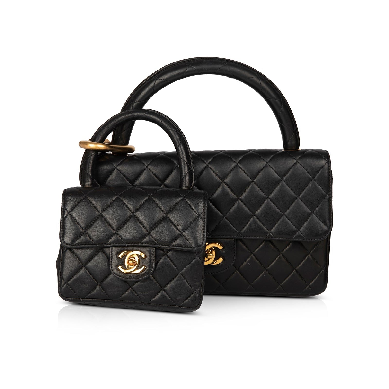 Chanel Vintage Black Quilted Lambskin Kelly Flap Bag Set
