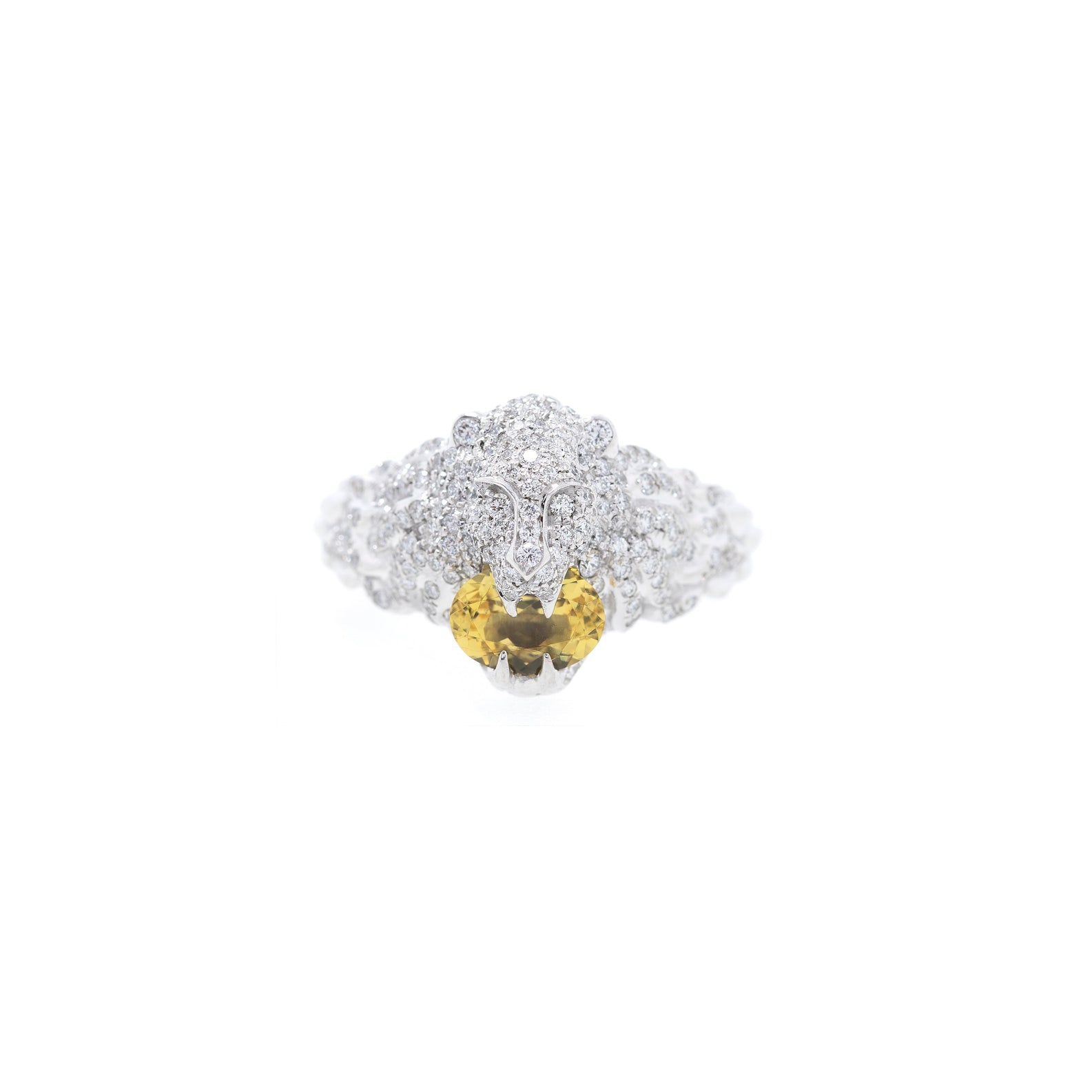 Gucci 18k White Gold Lion Head Ring with Diamonds & Yellow Beryl