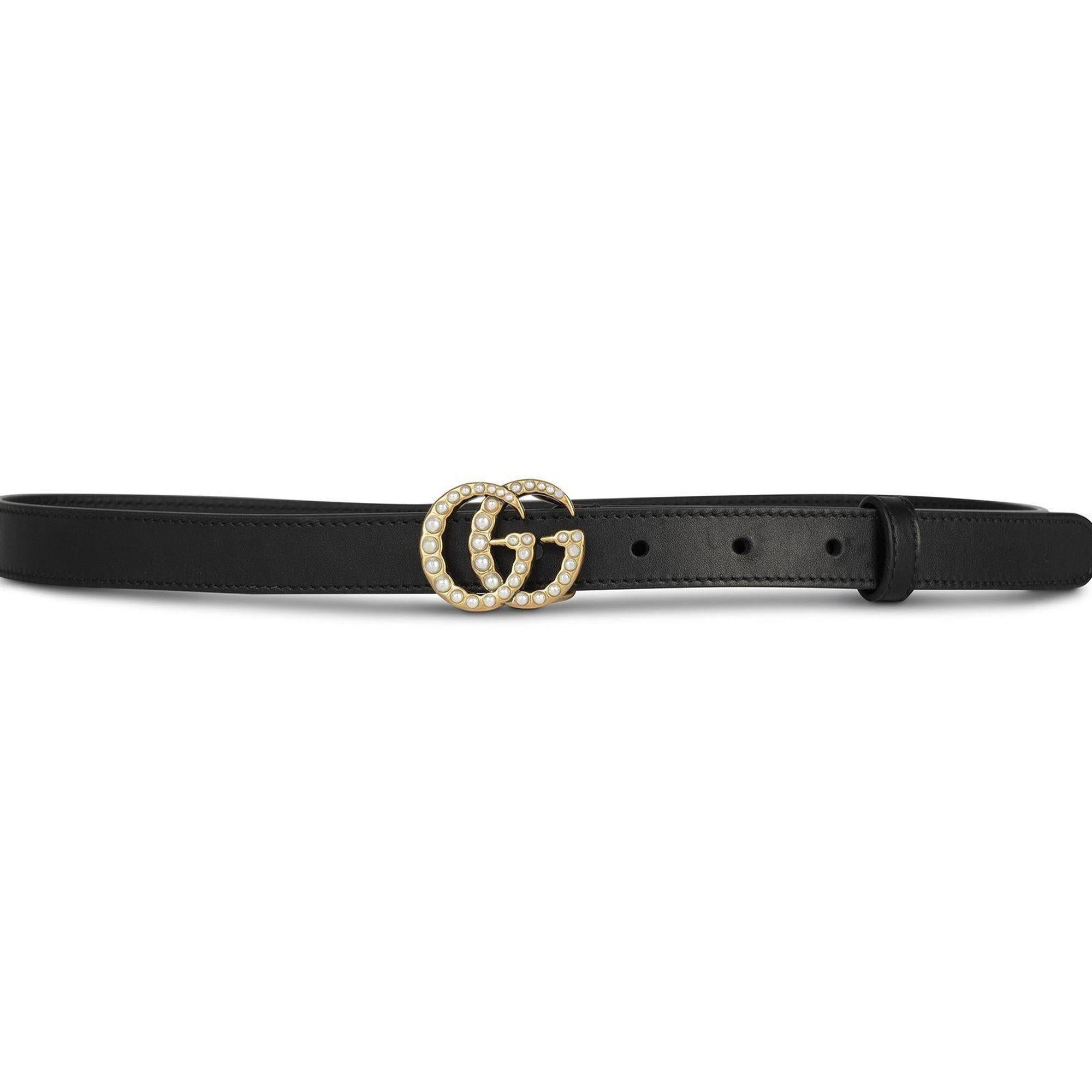 Gucci Black Leather Belt with Pearl Double G Buckle